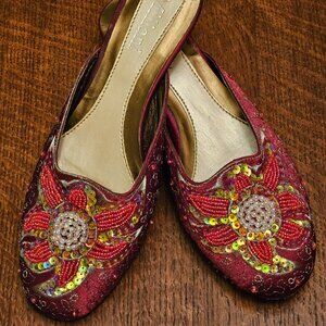 Milani Red Beaded Sequined Satin Mule Slippers. 1 1/2 inch Kitten Heels. Size 7
